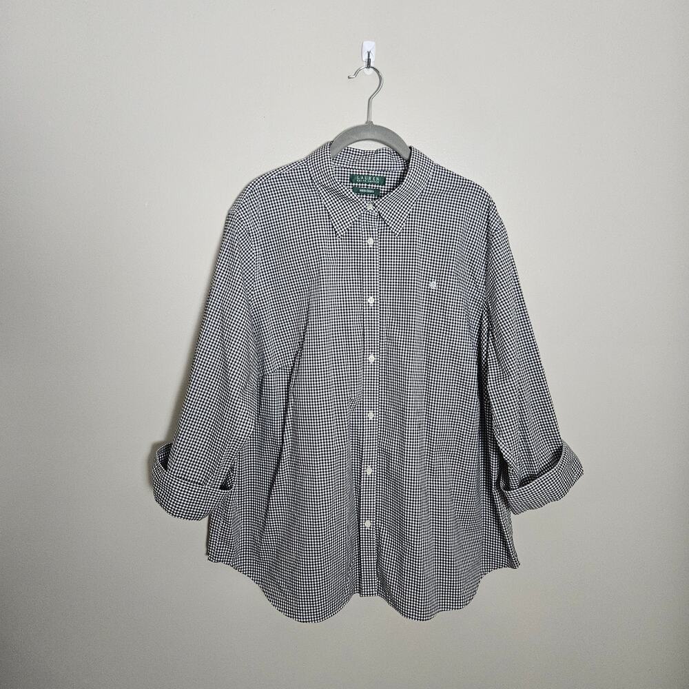 Lauren by Ralph Lauren Black White Gingham Checked Rolled Sleeve Non Iron Top